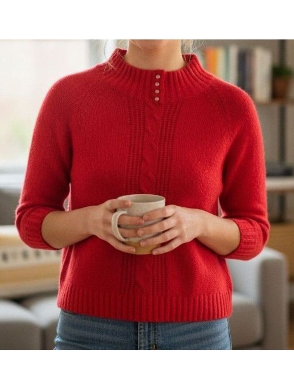 Vintage New Concepts Womens Sweater PM Red Silk Angora Ribbed High Neck 70s